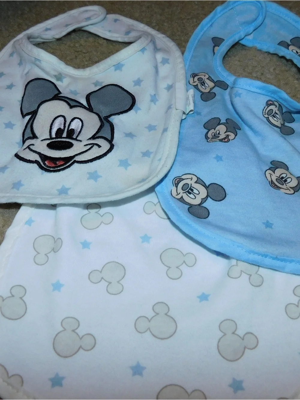 Disney Baby Blue, White & Gray Mickey Bib Set - 3 Pack + free disney shorts 12M